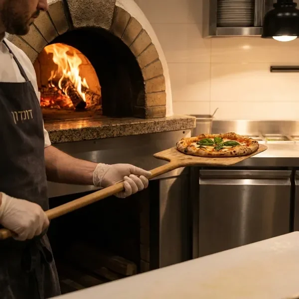פיצה נכנסת לתנור עצים